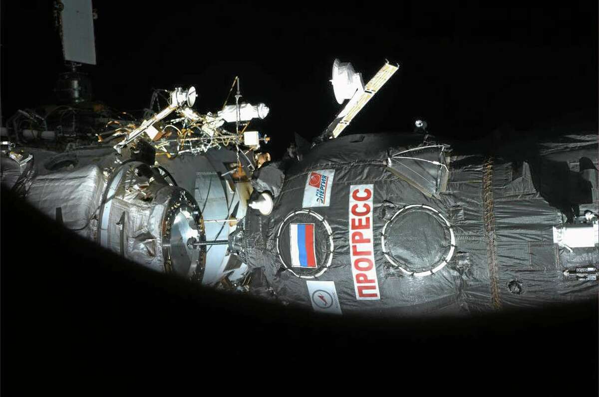 This image provided by NASA shows the Progress 54P arriving at the International Space Station Wednesday Feb. 5, 2014 about one second before contact seen from a window of Soyuz TMA-11M module. (AP Photo/NASA, Koichi Wakata)