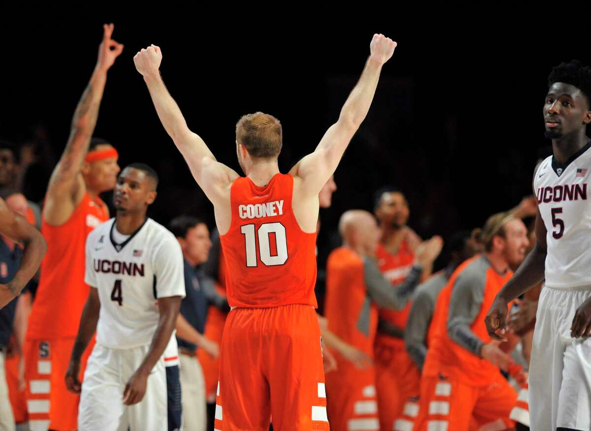 Syracuse guard Trevor Cooney (10) celebrates at the end of the Orange’s 79-76 win over UConn in the semifinals of the Battle 4 Atlantis on Thursday in the Bahamas.