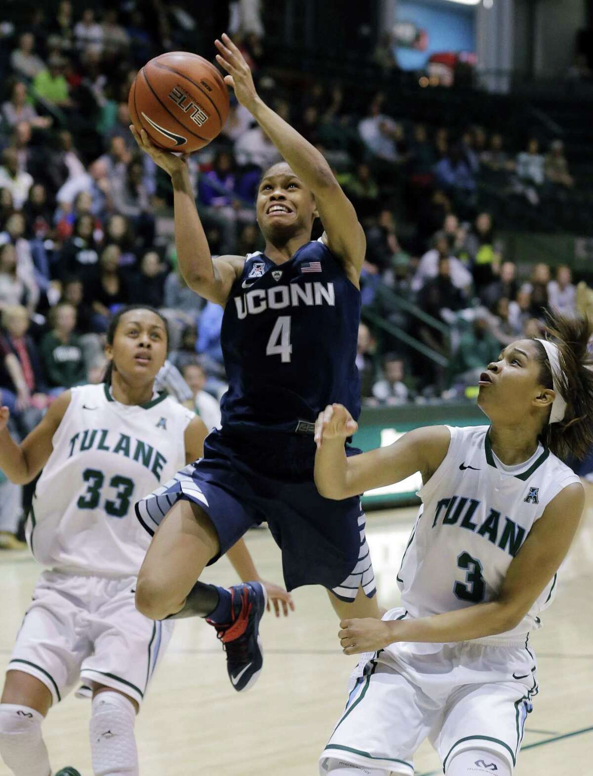UConn guard Moriah Jefferson (4) goes to the basket during a game earlier this season.