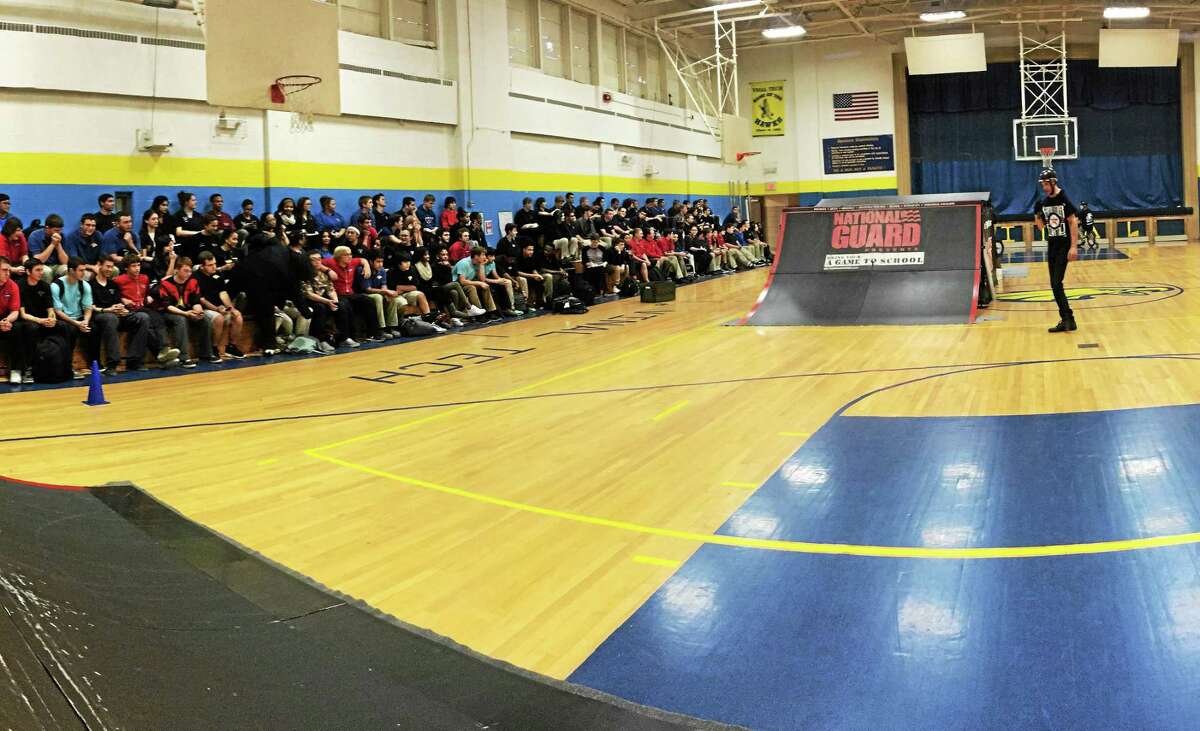 Vinal Technical High School 11th-graders showed no hesitation when Army National Guard BMX athletes put on the Bring your A Game show last week, asking for volunteers willing to lie on the floor as a rider caught some air, soaring over them. Here, Andrew Fox shows off his moves.
