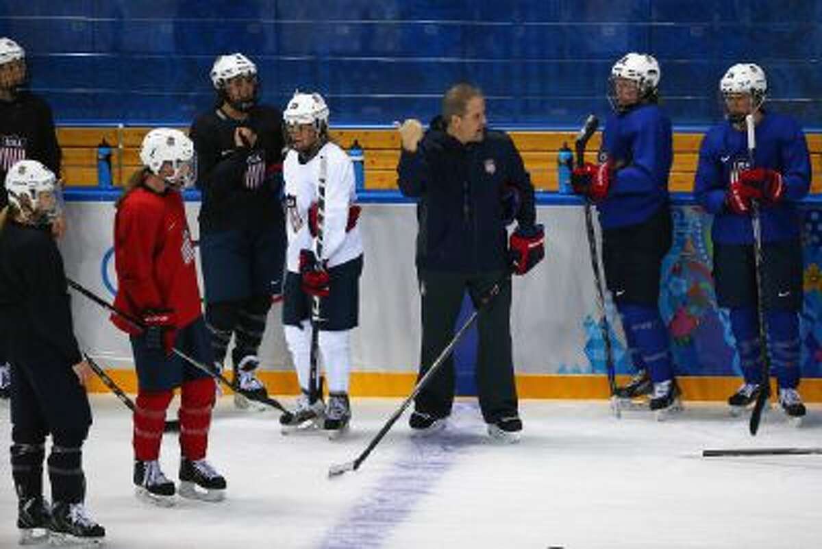 The United States women's ice hockey team practices on Feb. 3, 2014.