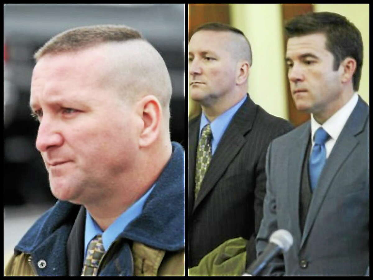 In right-side picture: Connecticut State Police Trooper Aaron Huntsman (left) appears with attorney Ryan McGuigan in Bridgeport Superior Court on Dec. 17, 2012.