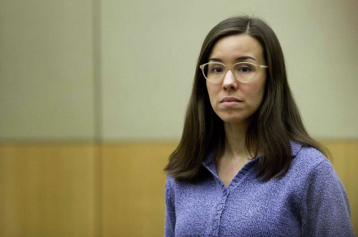 --FILE--In this Thursday, Feb. 12, 2015, file photo, Jodi Arias stands for the jury during her sentencing retrial at Maricopa County Superior Court, in Phoenix. Arias was spared the death penalty Thursday after jurors deadlocked on her punishment for killing her lover in 2008, meaning her sentence will be at most life in prison.(AP Photo/The Arizona Republic, Cheryl Evans, Pool)