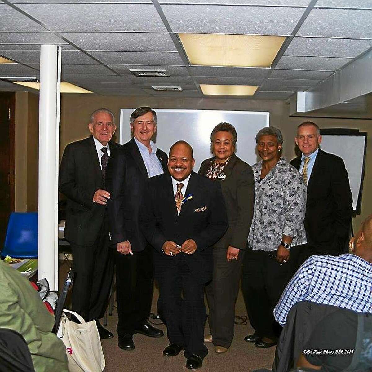 Partipants take part in a sponsor visit to Middlesex County Chamber of Commerce’s Side Street to Main Street Business & Leadership Development Program Shown are: Larry McHugh, President, Middlesex County Chamber of Commerce, Jim Jackson, Program Facilitator, The Essex Group, Floyd W. Green, III, Vice President of Community Relations & Urban Marketing, Aetna, Inc. Faith M. Jackson, Director of Human Relations, City of Middletown, Jennifer De Kine, Middlesex County Chamber of Commerce, Chris Montross, Sr. Director, Corporate Community Investments/Employee Programs, Aetna.