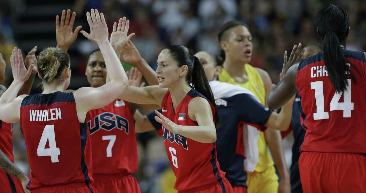 Sue Bird (6) celebrates with teammates Lindsay Whalen (4) and Maya Moore (7) during a semifinal women’s basketball game against Australia at the 2012 Summer Olympics. Bird is the Middlesex County Chamber of Commerce 2016 Role Model of the Year Award honoree.