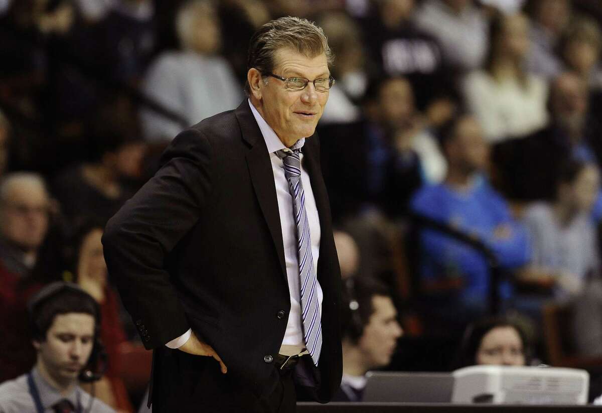 UConn coach Geno Auriemma reacts to a call during the second half Sunday.