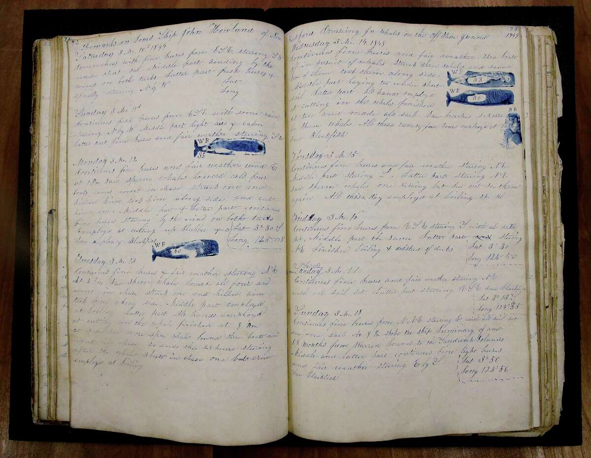 In this Tuesday, Dec. 8, 2015, photo, a log book dated Nov. 2, 1847 through July 21, 1851 from the whaling vessel “John Harland” sits at the New Bedford Whaling Museum in New Bedford, Mass. The John Harland’s log book if from a nearly four year-long sperm whale voyage off the coast of Peru. Maritime historians, climate scientists and ordinary citizens are coming together on a project to study 19th-century whaling ship logbooks to better understand modern-day climate change. The New Bedford Whaling Museum is transcribing and digitizing its logbooks as well as original data sources for this project, called “Old Weather: Whaling.”
