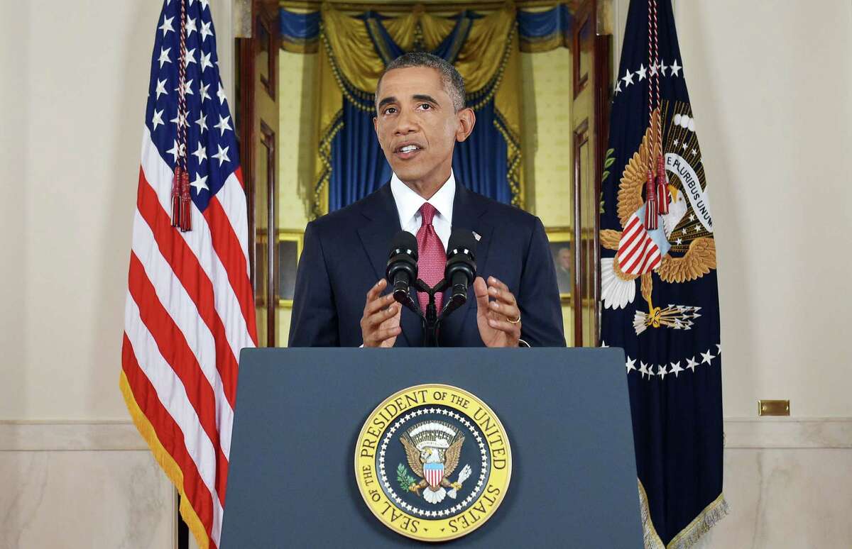 President Barack Obama addresses the nation from the Cross Hall in the White House in Washington in September saying he had authorized U.S. airstrikes inside Syria for the first time, along with expanded strikes in Iraq, as part of “a steady, relentless effort” to root out Islamic State extremists.