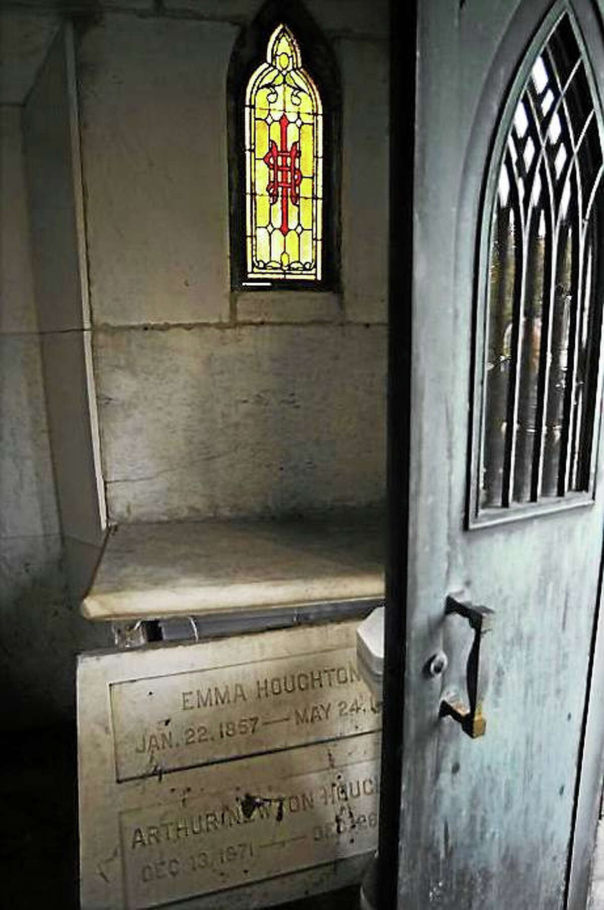 Screenshot via telegram.com: The Houghton family mausoleum appears to have been entered and disturbed in this photo taken Nov. 1. (T&G file photo/Christine Peterson)