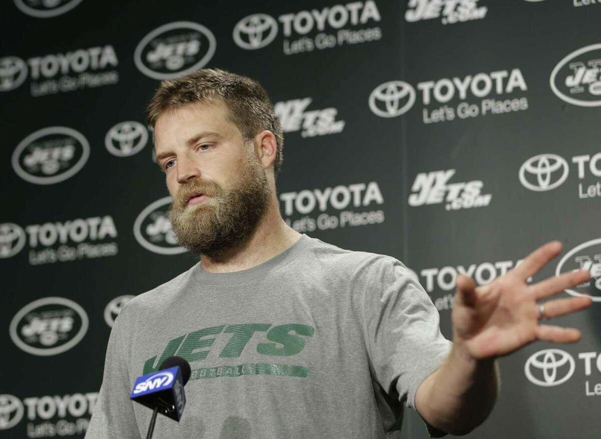 New York Jets quarterback Ryan Fitzpatrick speaks to the media after practice Tuesday in Florham Park, N.J.