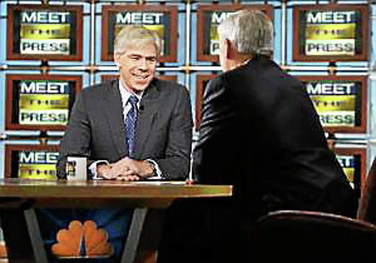 David Gregory appears with Tom Brokaw during a taping of “Meet the Press’” Sunday, Dec. 7, 2008, in Washington.