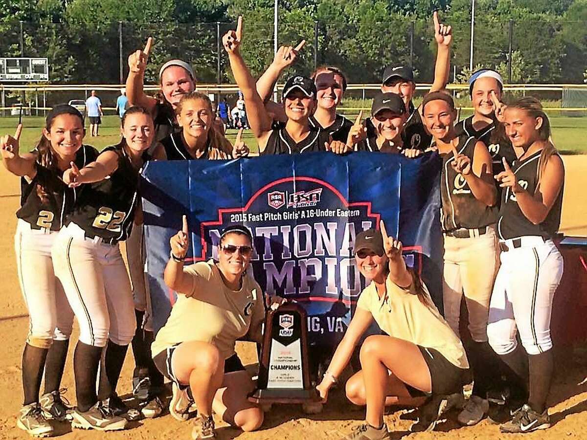 The Connecticut Outlaws 16U softball team celebrates after winning the ASA/USA National Championship in Sterling (Va.). The Outlaws, who are based in Middletown, feature six Middletown High players: Samantha Pizzonia, Kelsey White, Alex Giardina, Rachel Thompson, Brianna DiMartino, and Adrianna Spada.