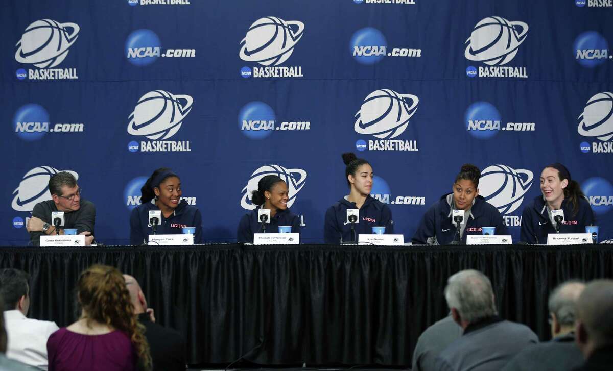 From left, UConn head coach Geno Auriemma, Morgan Tuck, Moriah Jefferson, Kia Nurse, Kaleena Mosqueda-Lewis and Breanna Stewart answer questions during a news conference on March 29 in Albany, N.Y.