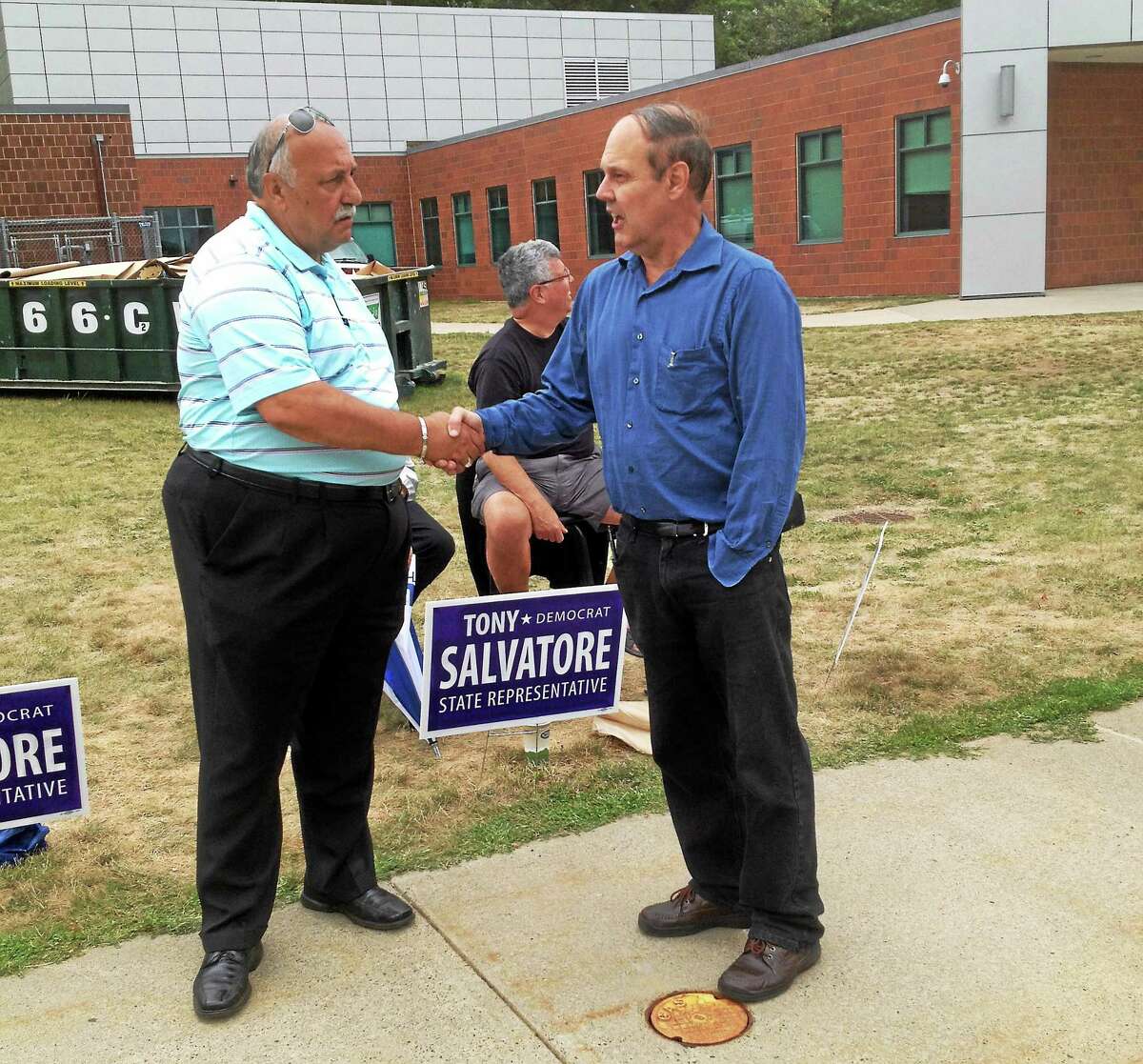 Cromwell Police Chief Anthony Salvatore greeting voters on primary day.
