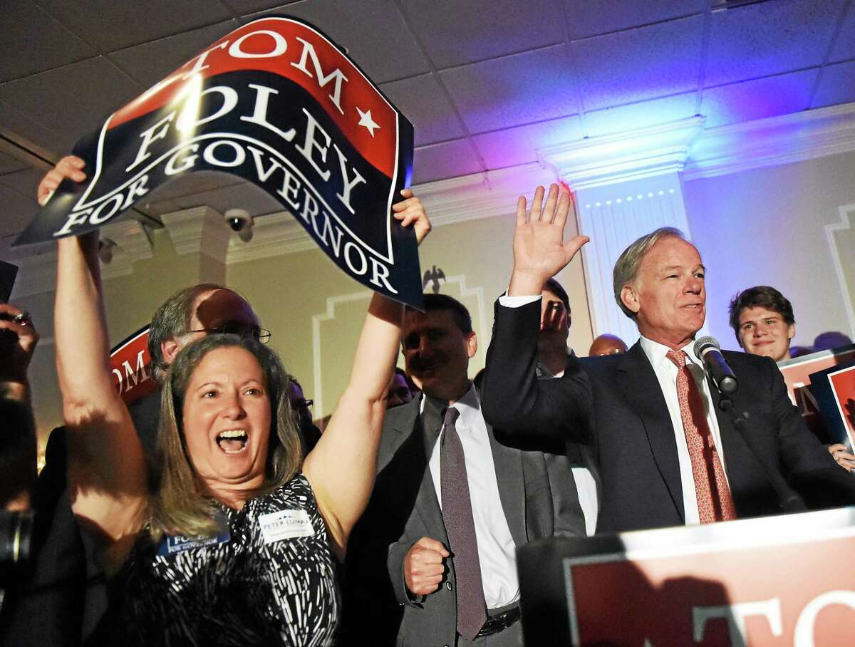 Republican gubernatorial candidate Tom Foley speaks to supporters at the Villa Rosa Pontelandolfo Club in Waterbury Tuesday night after winning the Republican primary.