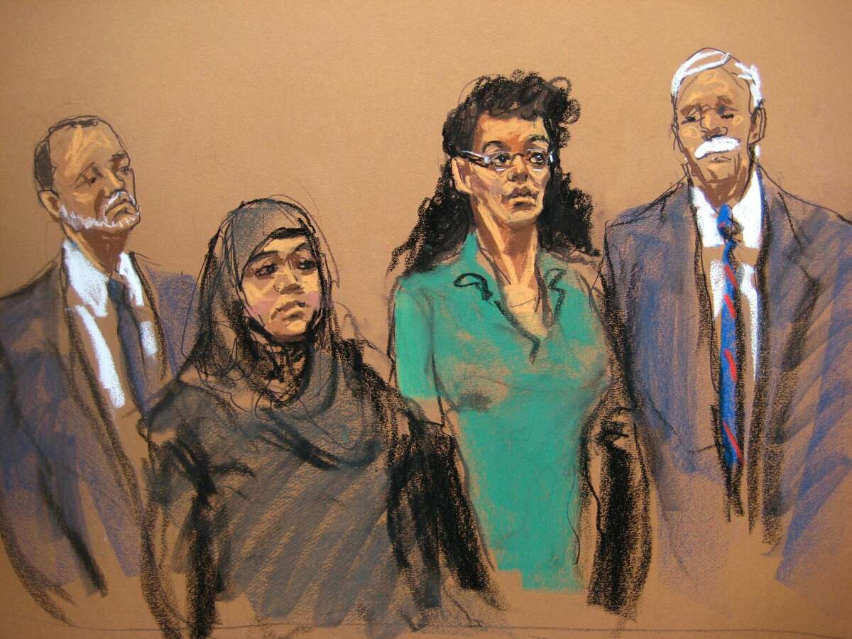 In this courtroom sketch, defendants Noelle Velentzas, center left and Asia Siddiqui, center right, appear in federal court with their attorneys, Thursday, April 2, 2015, in New York. The two women were arrested Thursday on charges they plotted to wage violent jihad by building a homemade bomb and using it for a Boston Marathon-type terror attack.