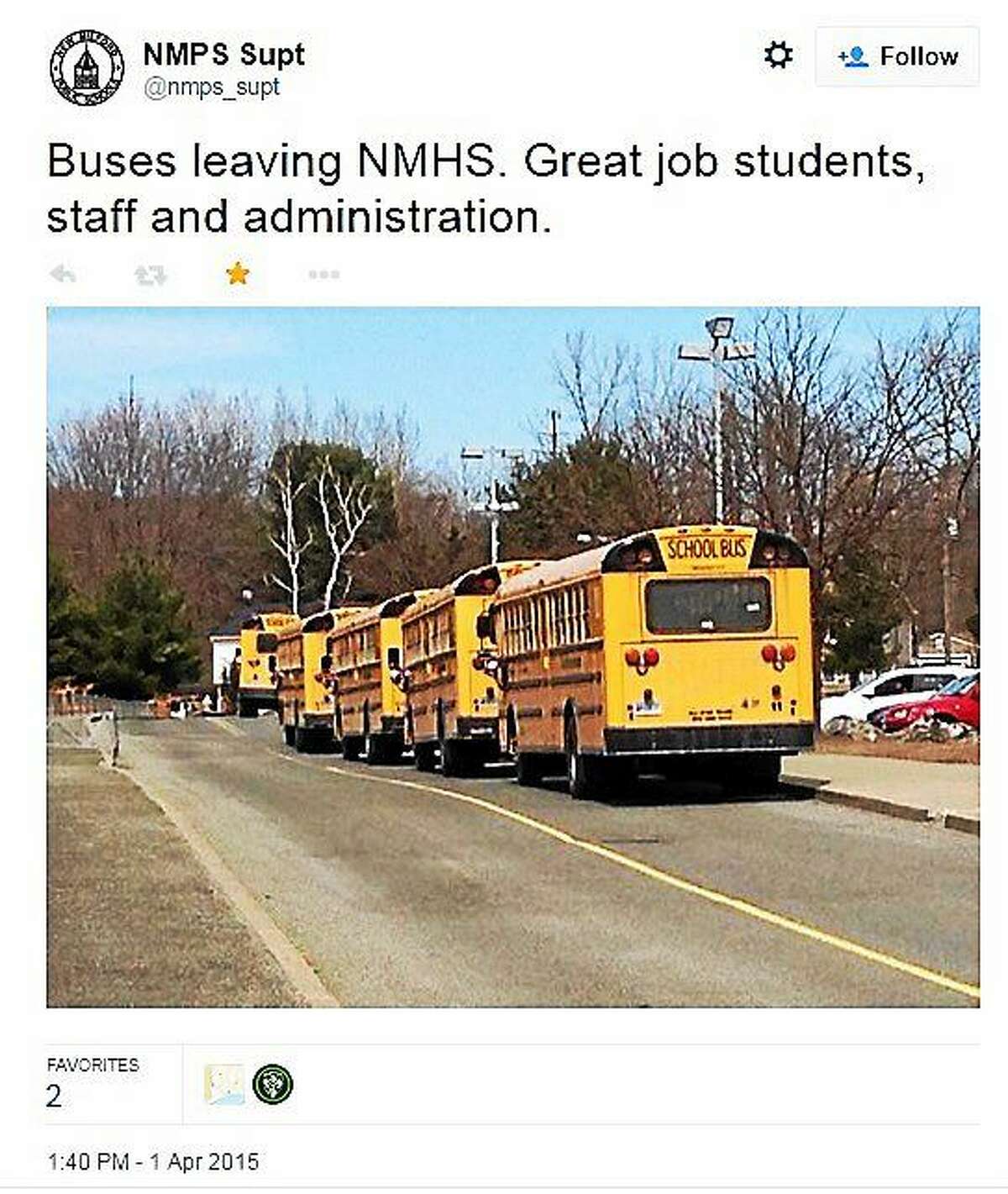 This tweet was sent Wednedsay afternoon by Superintendent JeanAnn Paddyfote after New Milford High School was evacuated and students sent home on buses following a bomb threat against the school.