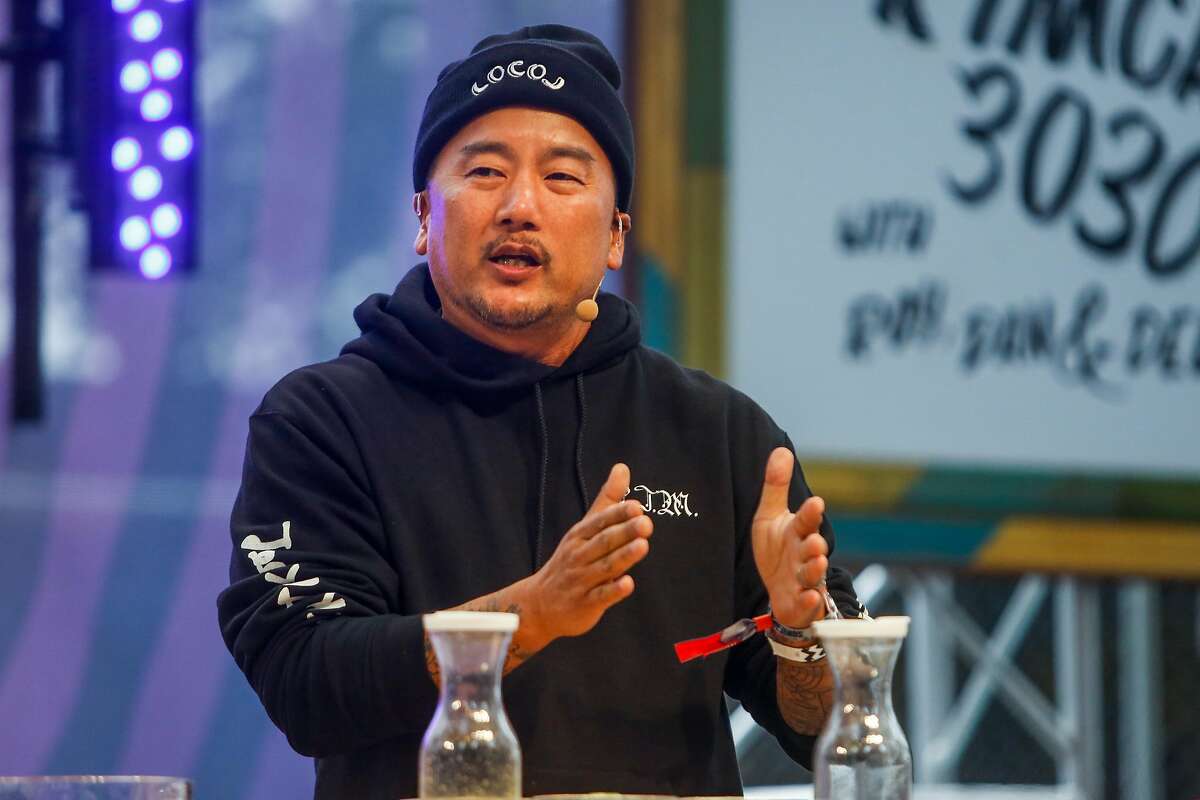 Chef Roy Choi demos a marinated rib recipe on the GastroMagic Stage during the 10th annual Outside Lands Festival in Golden Gate Park in San Francisco on Saturday, August 12, 2017.