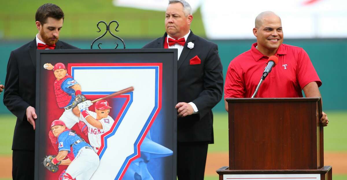 ARLINGTON, TX - AUGUST 12: Ivan (Pudge) Rodriguez speaking had his #7 jersey third Ranger to have his jersey retired in the history of the Texas Rangers before the game against the Houston Astros at Globe Life Park in Arlington on August 12, 2017 in Arlington, Texas. (Photo by Rick Yeatts/Getty Images)