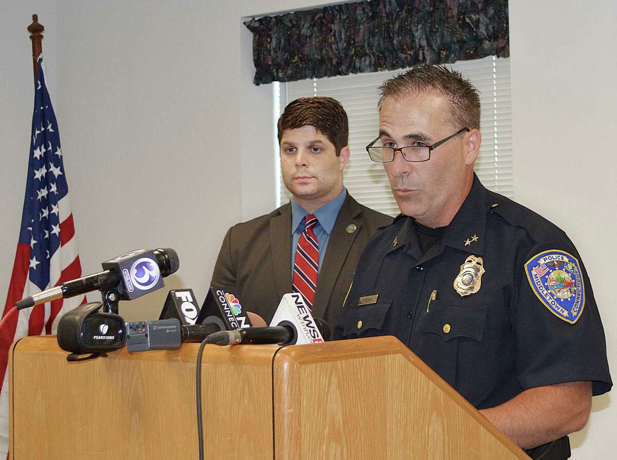 Middletown Mayor Dan Drew announces at a press conference July 2 that an independent investigation has cleared Police Chief William McKenna of charges he solicited prescription narcotics from other officers.