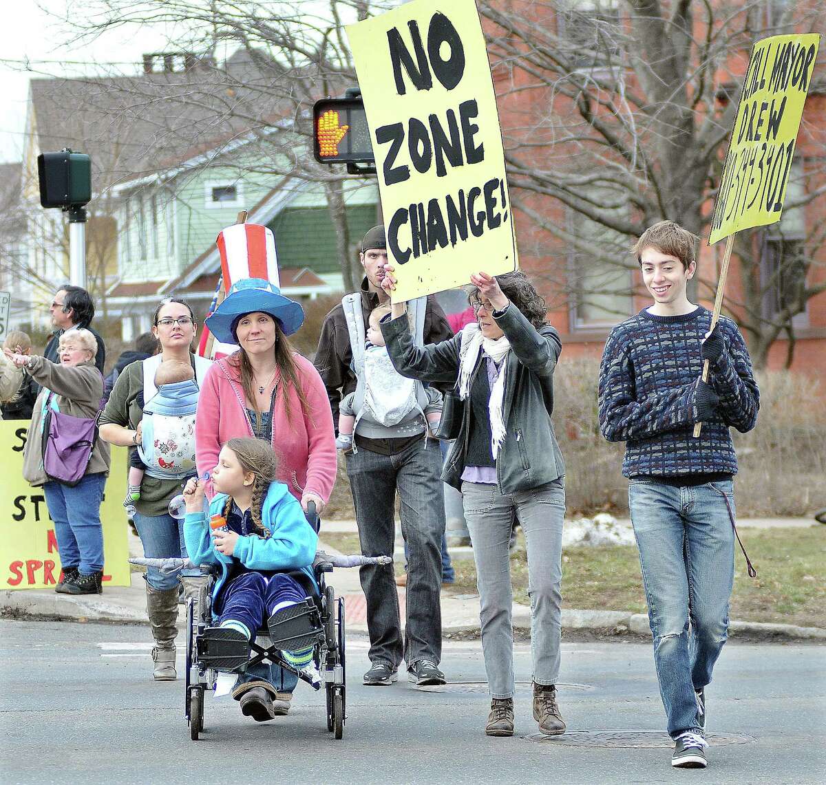 Approximately 40 Middletown residents protested carrying signs at the cross walk in this 2013 file photo at the intersection of Washington and High Streets in response to developer Robert Landino’s proposal to change zoning for a portion of Washington Street in Middletown.
