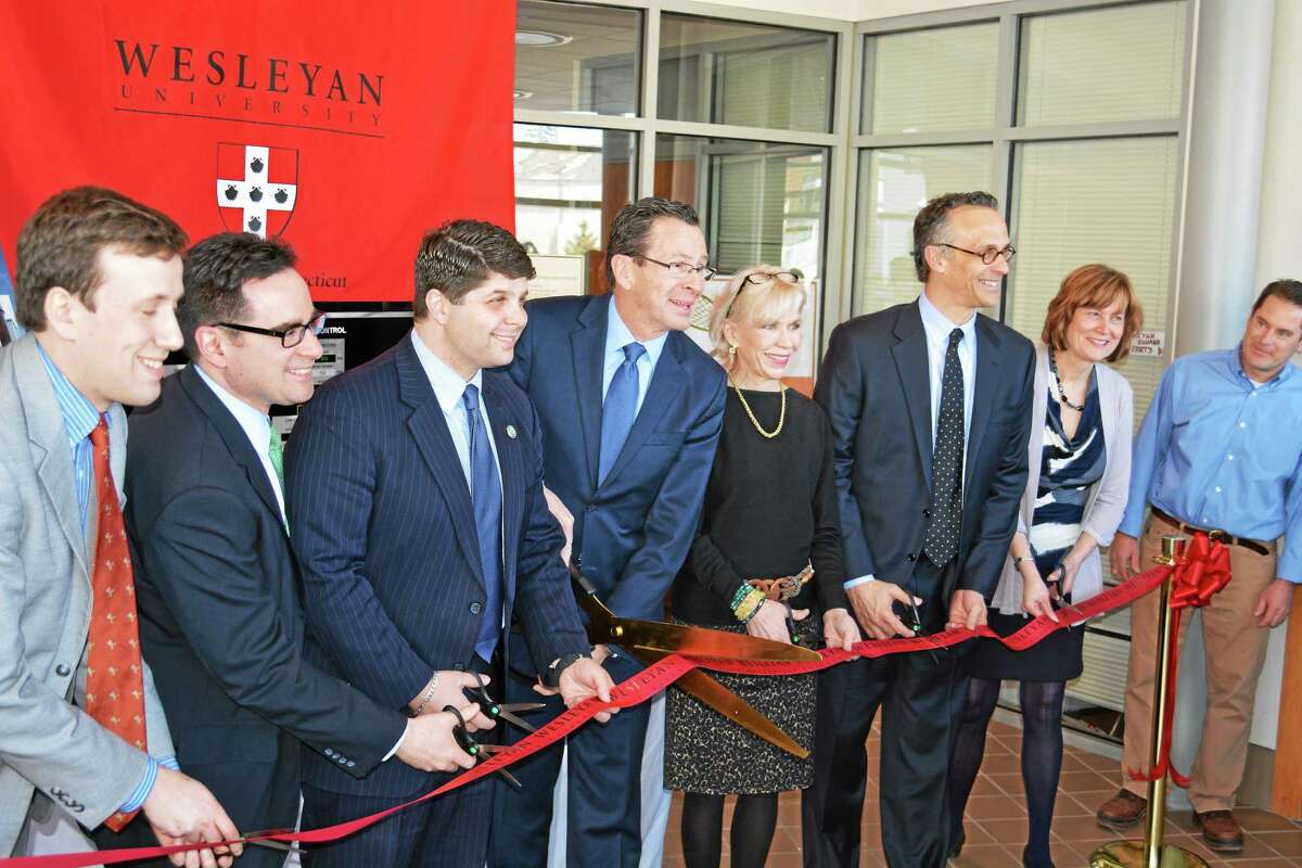 Gov. Dannel Malloy and Middletown Mayor Daniel Drew were among the people celebrating the opening of microgrid at Wesleyan in Middletown.