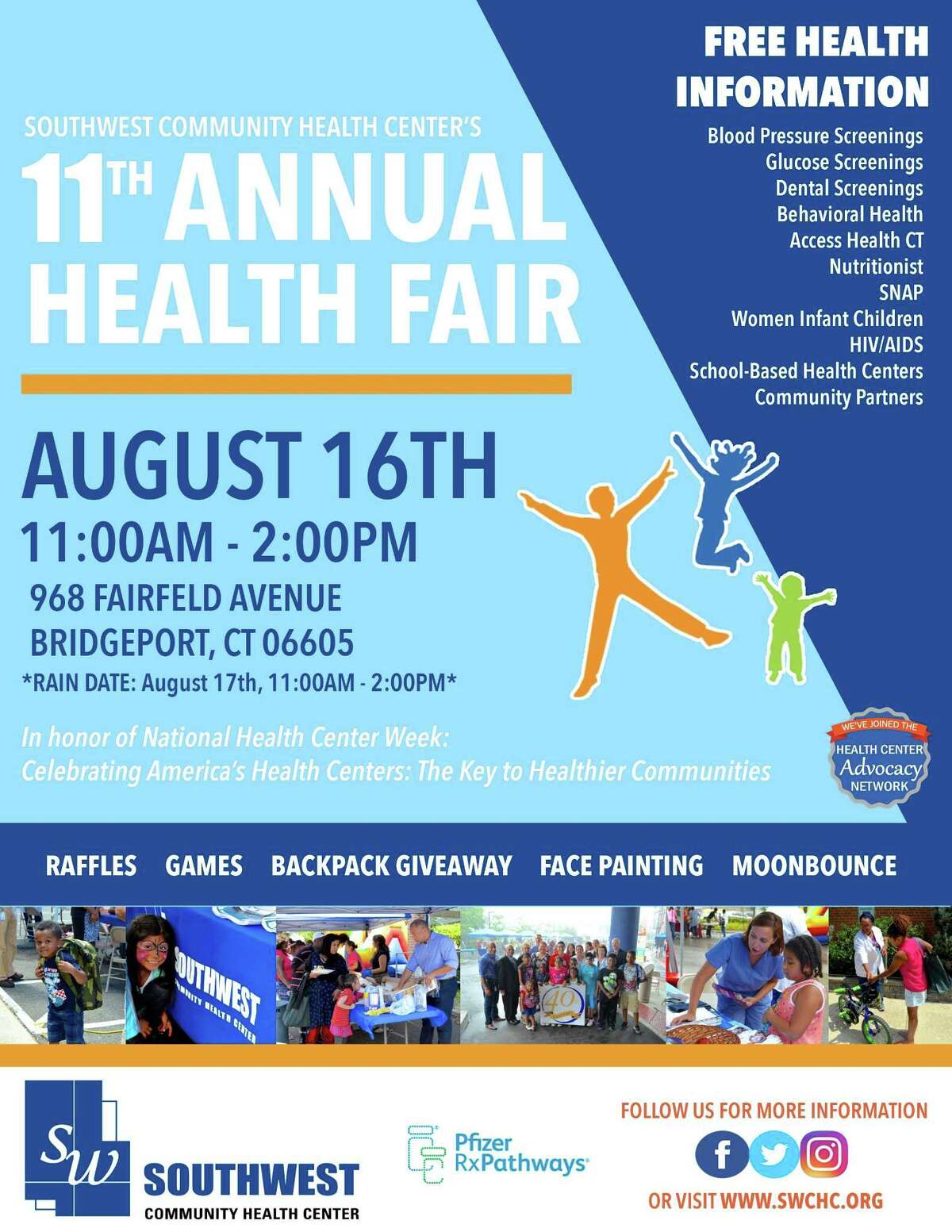 In celebration of National Health Center Week, which is this week, Southwest Community Health Center will host its 11th Annual Health Fair at 968 Fairfield Ave, Bridgeport, CT, 06605 from 11 a.m. to 2 p.m.Wednesday. Image courtesy of Southwest Community Health Center.