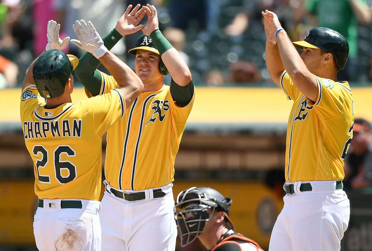 OAKLAND, CA - AUGUST 13: (L-R) Matt Chapman #26, Ryon Healy #25 and Matt Olson #28 of the Oakland Athletics celebrates after Chapman hit a three-run homer against the Baltimore Orioles in the bottom of the fourth inning at Oakland Alameda Coliseum on August 13, 2017 in Oakland, California. (Photo by Thearon W. Henderson/Getty Images)