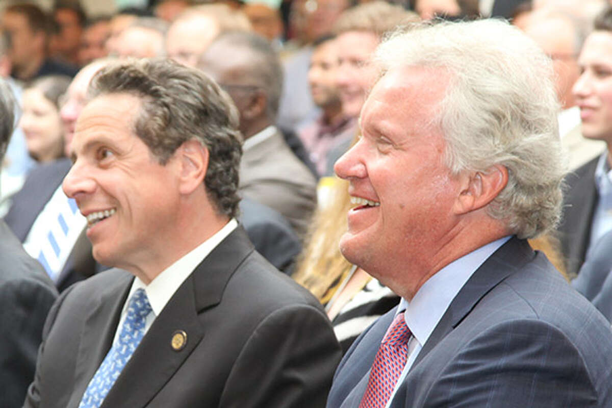 GE's CEO Jeff Immelt, right, with Gov. Andrew Cuomo. Immelt is visiting GE's SChenectady campus on Monday to talk about what is expected to be a repurposing of the company's battery plant.