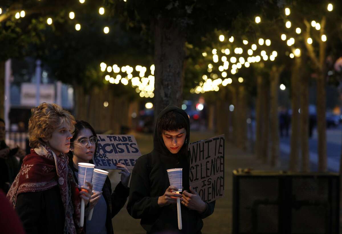 A 2017 San Francisco gathering in remembrance of those who were injured and died in a confrontation with white nationalists in Charlottesville, VA. Hate crimes rose dramatically last year, according to new data from the FBI.