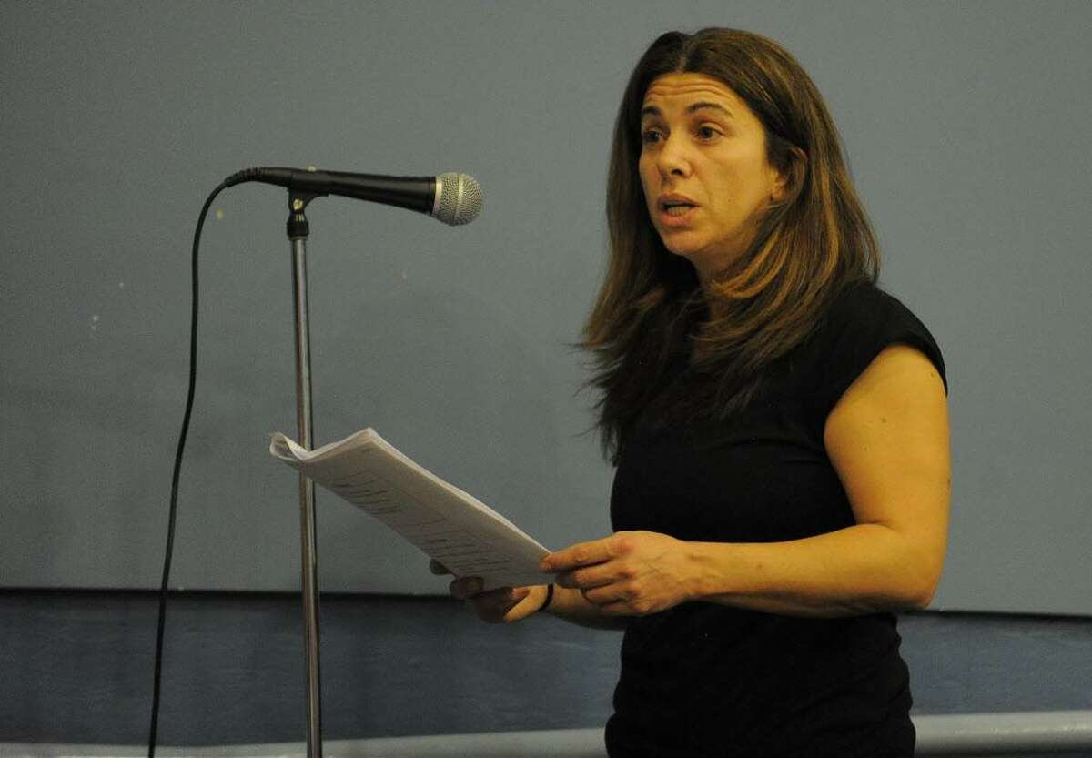 Caroline Muskus addresses members of the Stamford Schools Board of Education during a public hearing at Westover Magnet Elementary School in Stamford on Feb. 7, 2017. City taxpayers had a chance to weigh in on Superintendent Earl Kim's $273.4 million operating budget request.