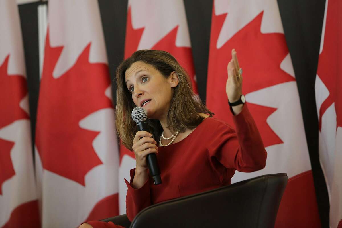 Chrystia Freeland, Canada's foreign affairs minister, speaks during an event at the University of Ottawa in Ottawa, Ontario, Canada, on Monday, Aug. 14, 2017. Freeland laid out Canada's core objectives in a renegotiated North American Free Trade Agreement and signaled the country won't accept "just any deal" as it prepares for talks to begin later this week. Photographer: David Kawai/Bloomberg