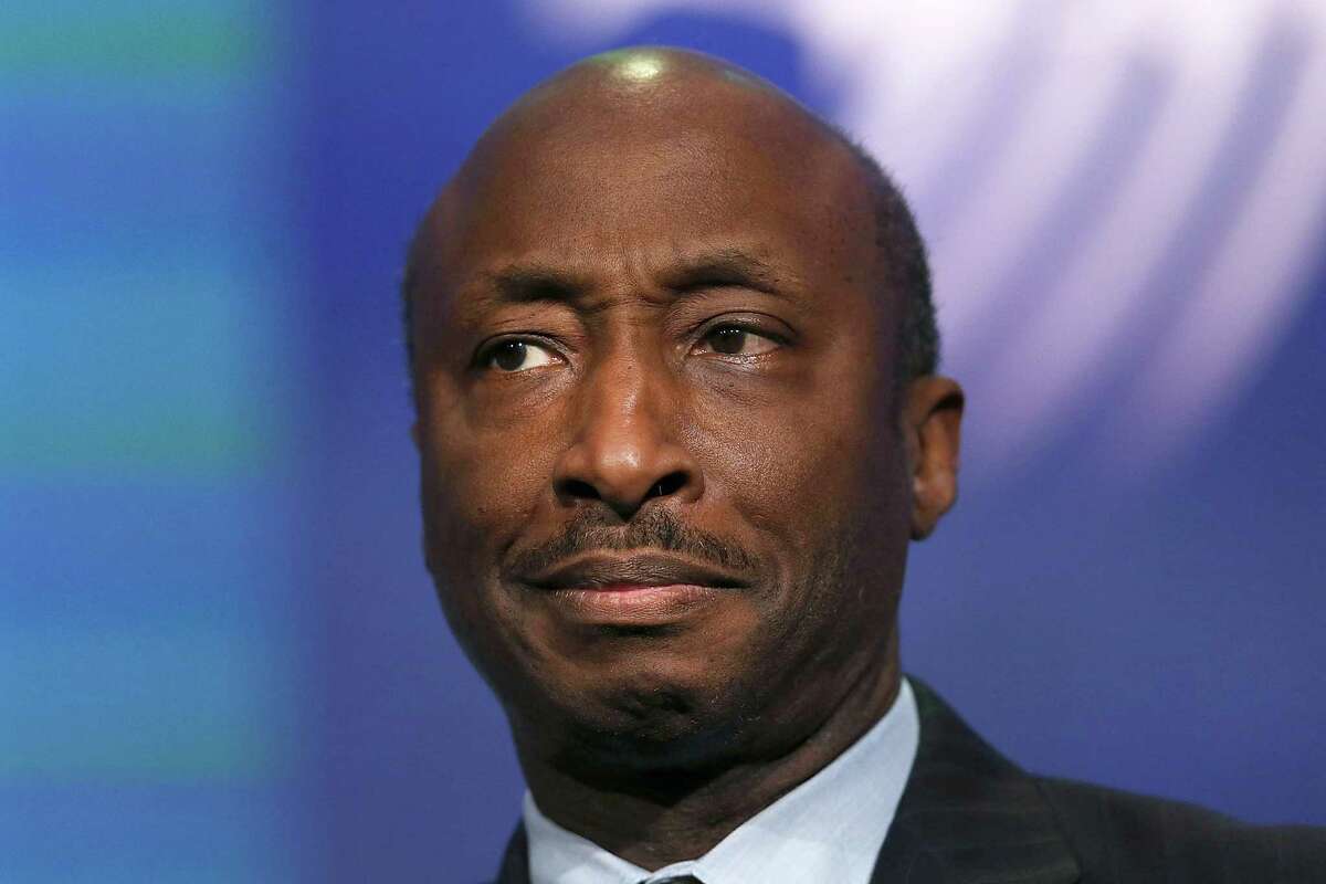 FILE - AUGUST 14, 2017: It was reported that Merck & Co Inc Chief Executive Kenneth Frazier resigned from U.S. President Donald Trump's American Manufacturing Council, saying he was taking a stand against intolerance and extremism August 14, 2017. NEW YORK, NY - SEPTEMBER 27: Kenneth Frazier the Chairman and CEO of the pharmaceutical company Merck & Co., is viewed on stage at the the annual Clinton Global Initiative (CGI) meeting on September 27, 2015 in New York City. The event, which coincides with the General Assembly at the United Nations, gathers global leaders, activists and business people to try and to bring solutions to the world's most pressing challenges. CGI Annual Meetings have brought together 190 sitting and former heads of state, more than 20 Nobel Prize laureates, and hundreds of leading CEOs, heads of foundations and NGOs, major philanthropists, and members of the media. The meeting was established in 2005 by President Bill Clinton. (Photo by Spencer Platt/Getty Images)