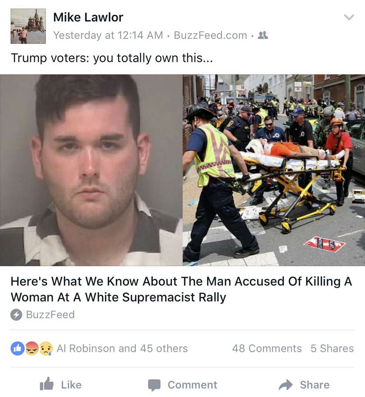 Former state legislator Mike Lawlor, a Democrat, posted on Facebook, a link to a Buzzfeed story about James Alex Fields Jr., the alleged Nazi sympathizer from Ohio who was charged with driving his muscle car into a counterprotest in Virginia Saturday.