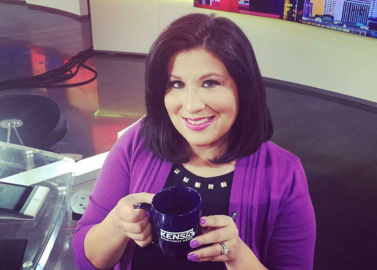 KENS anchorwoman and reporter Jenny Suniga enjoys a badly needed cup of coffee on the renovated news set. She's exiting her job of five years with the local CBS affiliate to focus on her family.