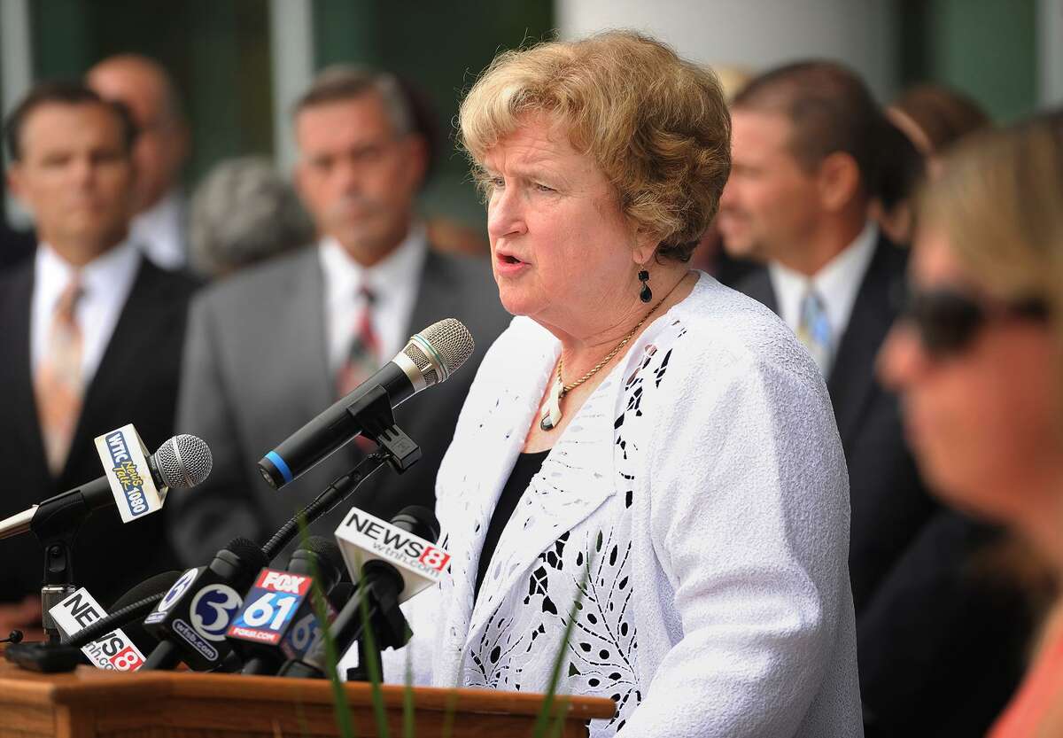 CAPSS Executive Director and former Bridgeport Superintendent Fran Rabinowitz speaks during a "show of concern" event following the Commissioner's Annual Back-to-School Meeting with Superintendents at Maloney High School in Meriden, Conn. on Tuesday, August 15, 2017. Speakers urged legislators and the governor to move forward on a state budget to avoid harming public education.