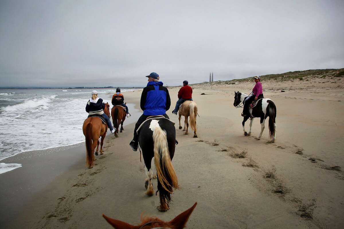 Monterey Bay Equestrian Center trail guide Lisa Soares-Earley (far right) leads a group out horseback riding along Salinas River State Beach in Castroville, Calif., on Friday, May 23, 2014.