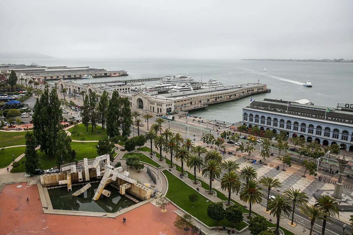 A view of the Vaillancourt Fountain and the Embarcadero from the Hyatt Hotel in San Francisco, Calif., on Monday, Aug. 14, 2017.