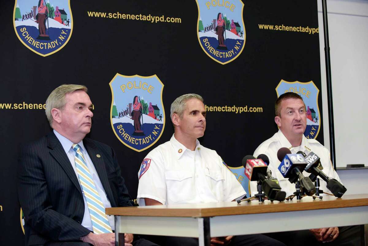 Schenectady Mayor Gary McCarthy, left, Schenectady Fire Chief Ray Senecal, center, and Schenectady Police Chief Eric Clifford take part in a press conference at the police station on Tuesday, Aug. 15, 2017, in Schenectady, N.Y.(Paul Buckowski / Times Union)