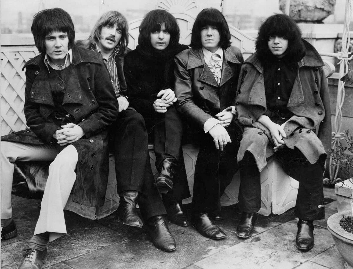 British rock band Deep Purple on the roof of the Dorchester Hotel, London; from left to right Rod Evans, Jon Lord, Ritchie Blackmore, Nicky Simper and Ian Paice..