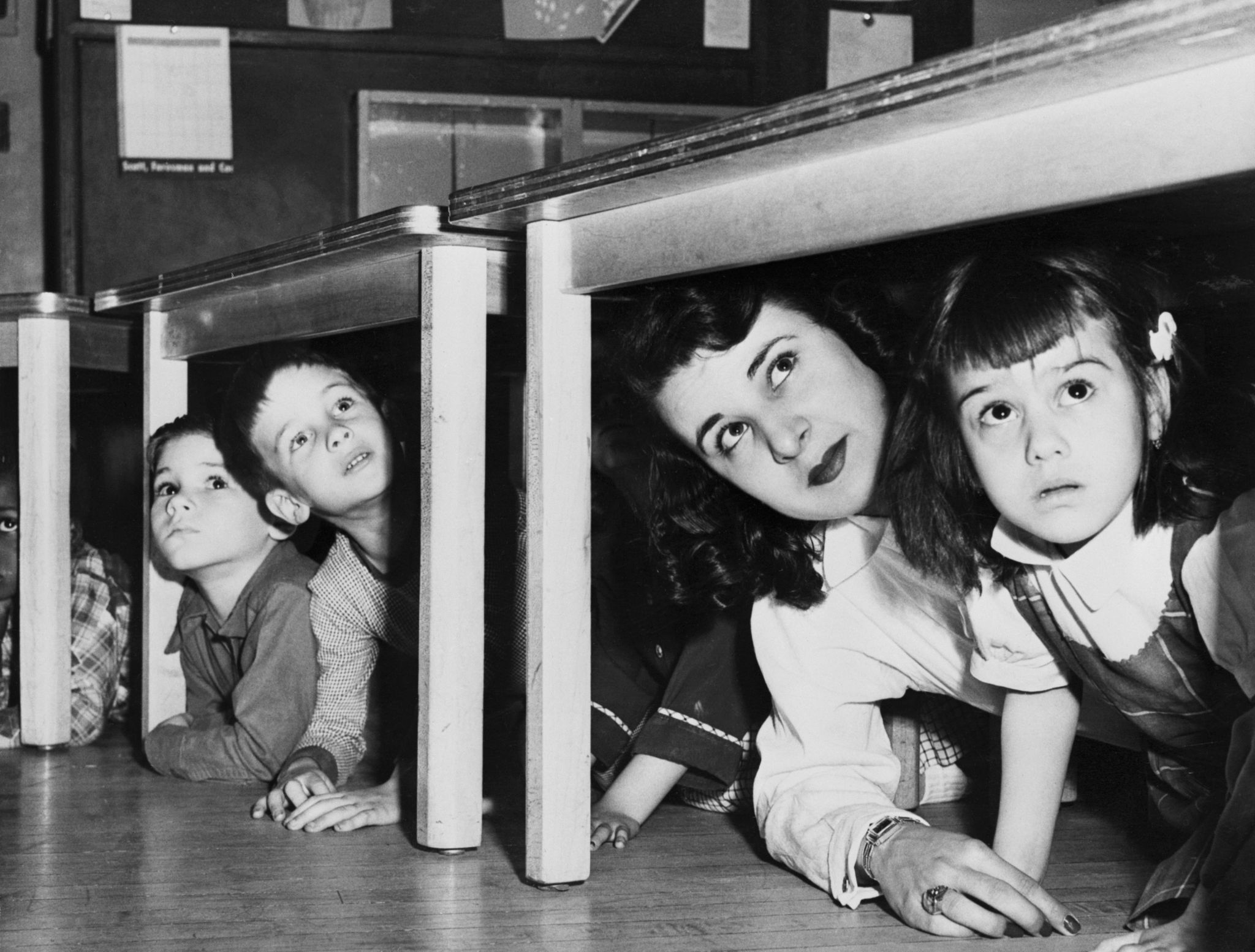 What kids were taught about air raids and bomb scares in during the