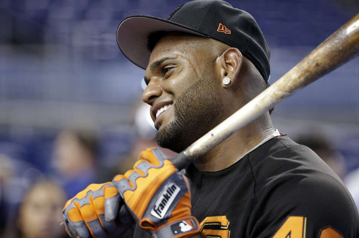 San Francisco Giants third baseman Pablo Sandoval stands on the field during batting practice before a baseball game against the Miami Marlins, Monday, Aug. 14, 2017, in Miami. (AP Photo/Lynne Sladky)
