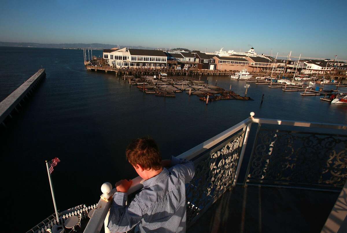 An overview of Pier 39 from the top of the lighthouse on Forbes Island, in San Francisco, Calif., on Thursday, July 1, 2010.
