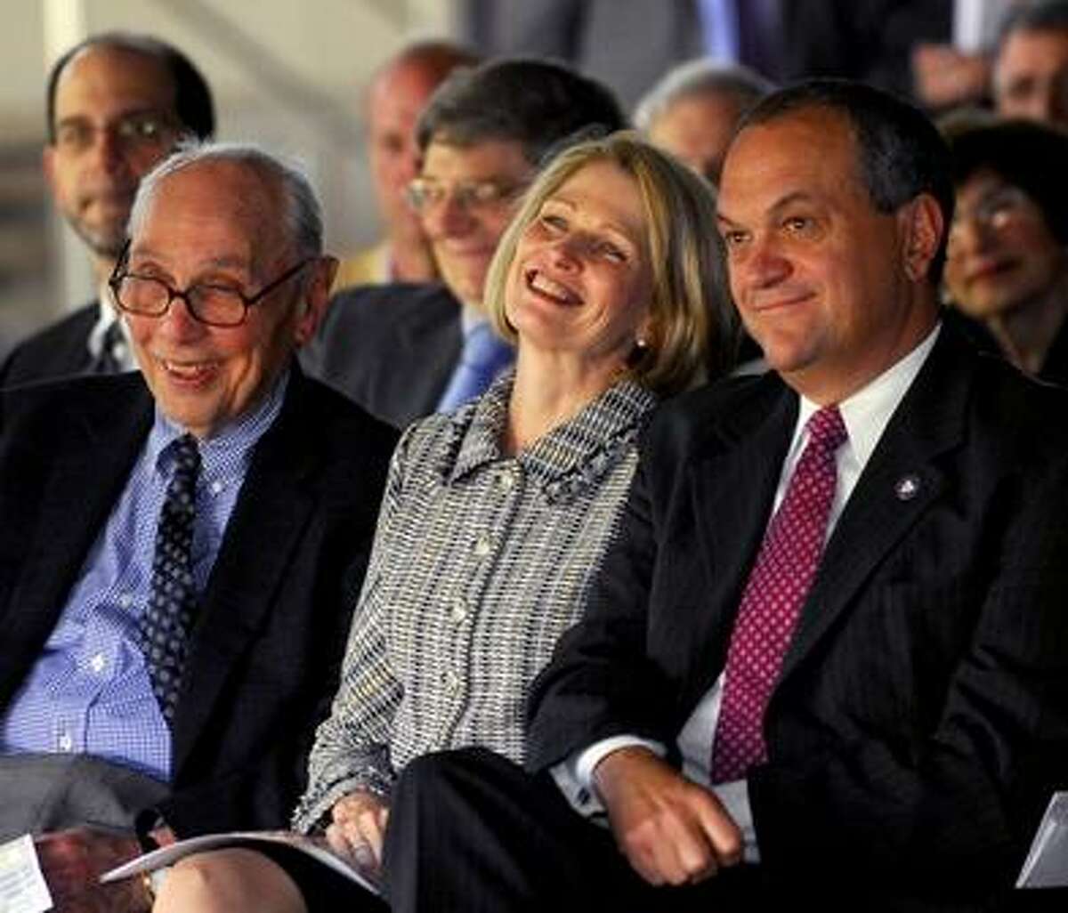 In this 2008 file photo: Edmund Fusco of the Fusco Corporation, left, Marna P. Borgstrom, President & CEO of Yale-New Haven Hospital, center and Mayor John DeStefano, listen to preliminary introductions during the Yale-New Haven Hospital Clinical Laboratory Building Groundbreaking ceremonies at 55 Park Street underneath the Air Rights Garage in New Haven Tuesday May, 27, 2008. ph848 #0937 Photography by PETER HVIZDAK