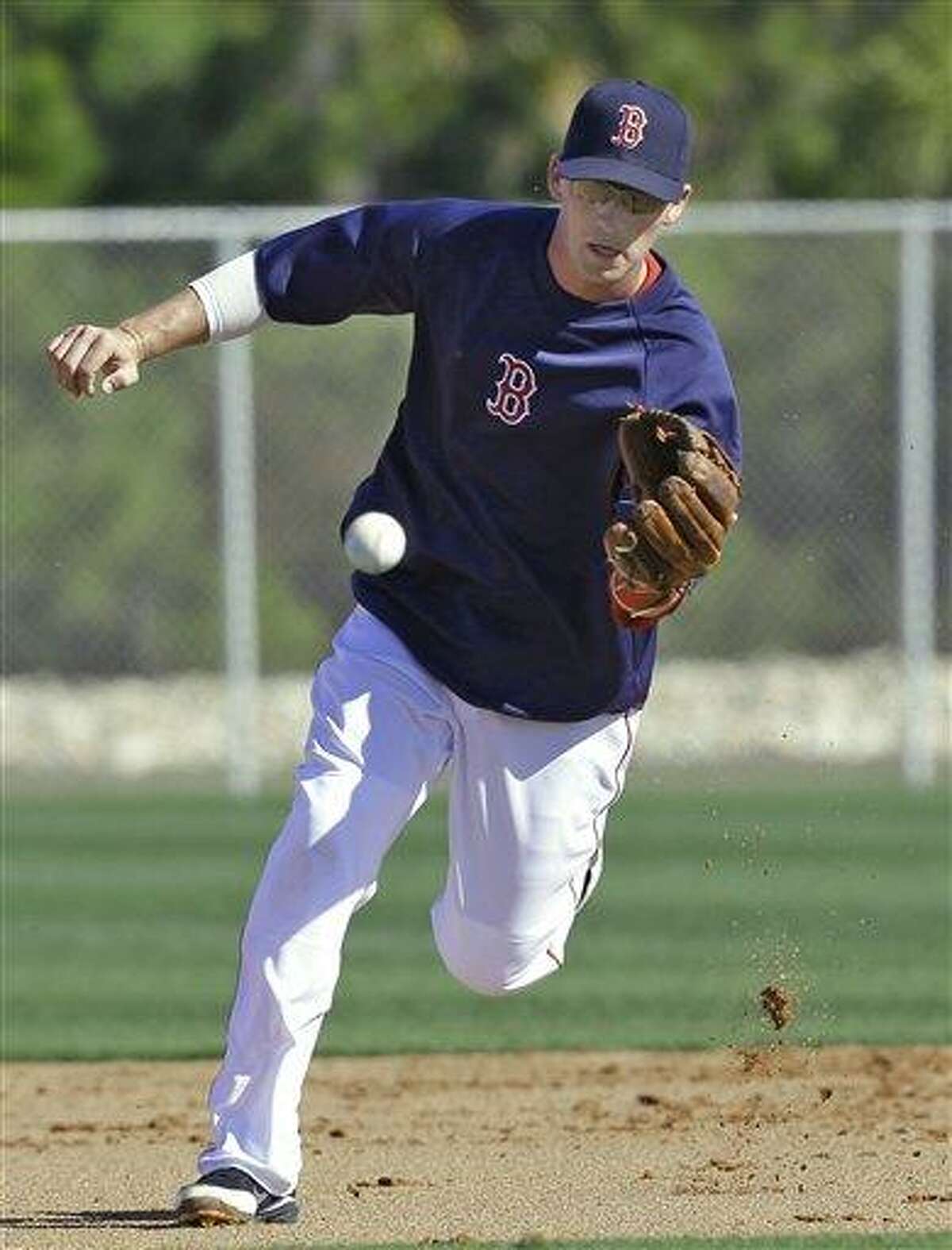 Boston Red Sox third baseman Will Middlebrooks fields a ground ball during a spring training workout Sunday, Feb. 17, 2013, in Fort Myers, Fla. (AP Photo/Chris O'Meara)