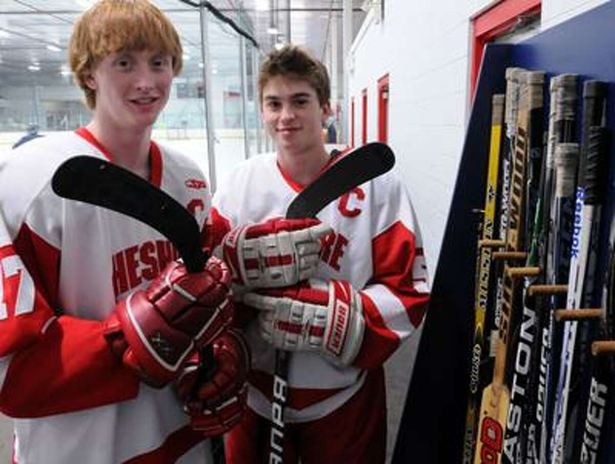 Cheshire hockey captains Ryan Powers, left, and Matt Dupont at the Northford Ice Pavillion. (Mara Lavitt/Register)