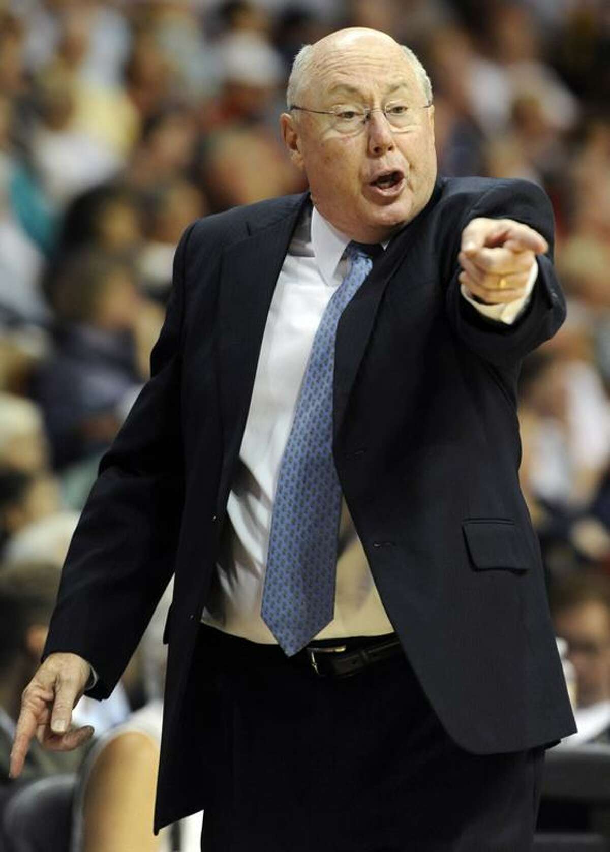 FILE - In this Aug. 21, 2012 file photo, Connecticut Sun head coach Mike Thibault reacts during the first half of a WNBA basketball game against the Tulsa Shock in Uncasville, Conn. The Sun fired Thibault and his assistants Tuesday, Nov. 20, 2012. Thibault, who led the team to eight playoff appearances, but no WNBA championships in his 10 seasons with the franchise, had been the SunÕs only head coach, hired when the team relocated from Orlando prior to the 2003 season. (AP Photo/Jessica Hill, File)