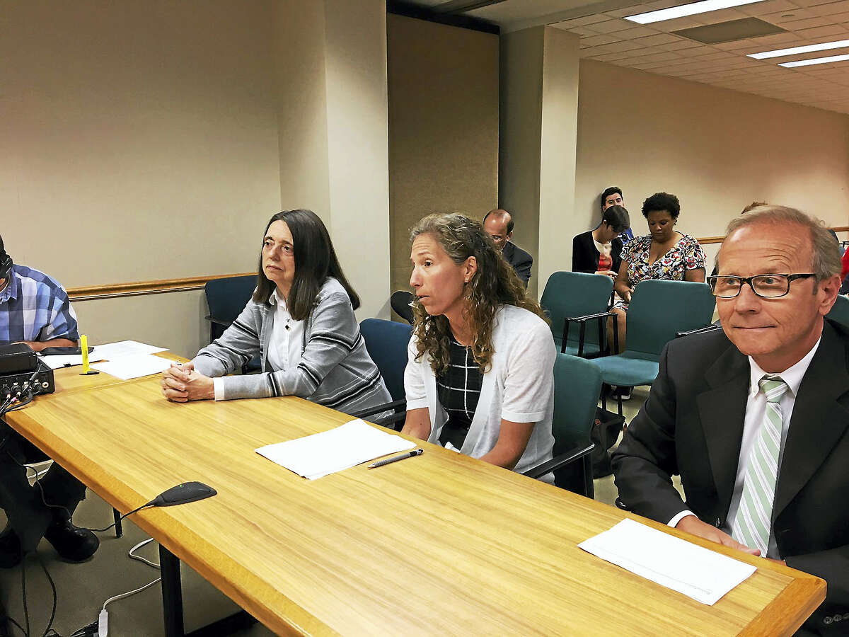 From left, Dr. Linda Mayes, director of the Yale Child Study Center; Lauren Zucker of Yale Properties; and Bruce McCann, director of planning for the Yale Medical School, appear before the City Plan Commission Wednesday.
