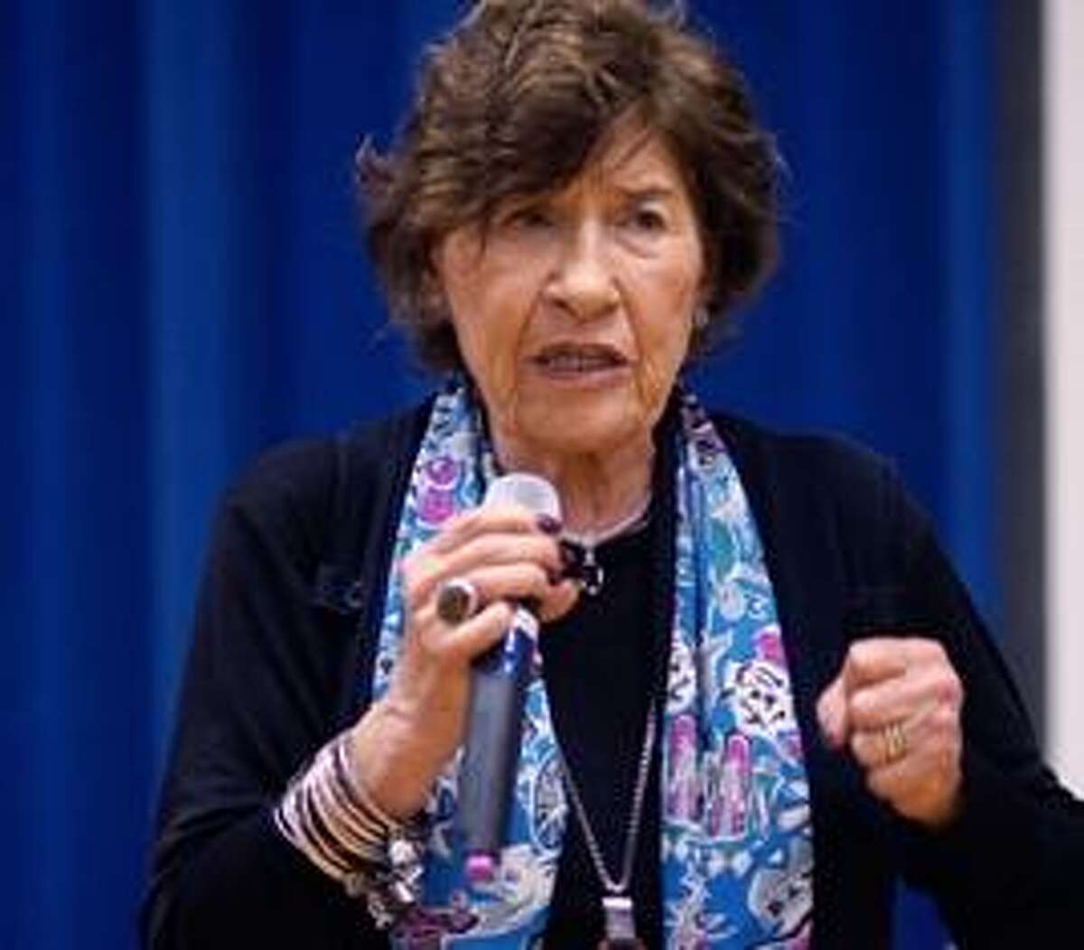 Holocaust survivor Anita Schorr who endured the horrors at Auschwitz as a child, speaks to 5th and 6th graders at Peck Place School in Orange . Photo- Peter Casolino/New Haven Register 03/19/12