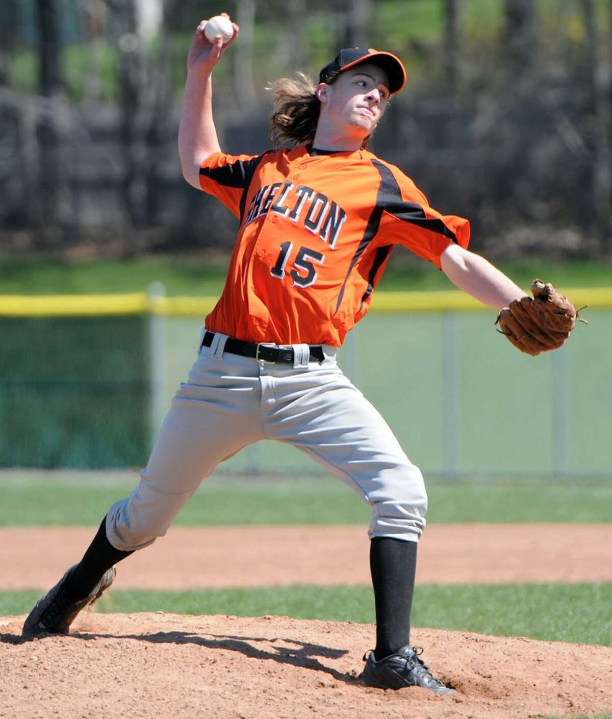 Shelton HS baseball pitcher Jeremy Soderholm pitches during the 4th inning against Foran High School in Milford Saturday 4/7/12. Photo by Peter Hvizdak/ New Haven Register